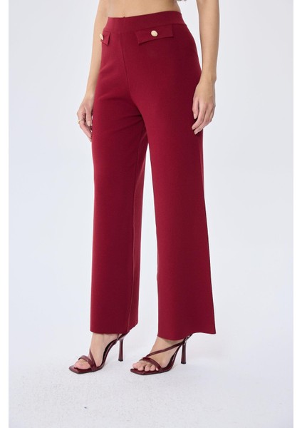 Styleboom x Peraluna Marlene Trouser Düğme Detaylı Rahat Kesim Kadın Triko Pantolon - Bordo