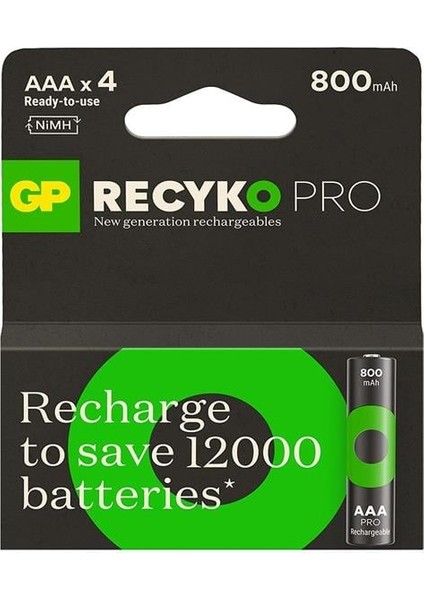 Gp Recyko Pro 800 Mah Ni-Mh 1.2 Volt Aaa Ince Kalem Şarjlı Pil 4lü Paket