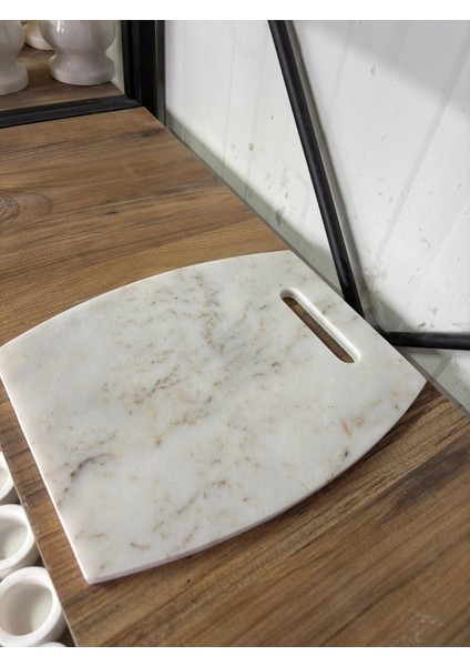 Beyaz Desenli Mermer Kesme Tahtası Peynir Sunumluk Modern Taş