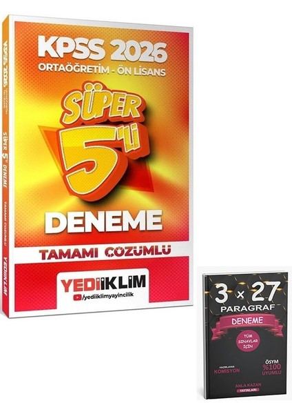 Yediiklim 2026 Kpss Lise Ortaöğretim Ön Lisans Süper 5 Deneme+Anla Kazan Paragraf