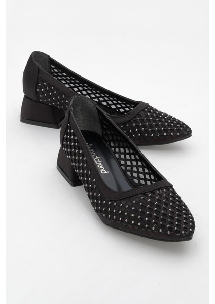 Kadın Taşlı Fileli Topuklu Ayakkab Siyah Saten
