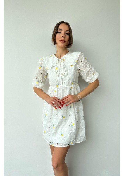 Sarı Bebe Yakalı Brode Elbise modelleri