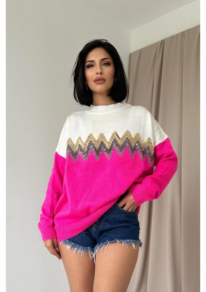 Fuşya Zikzak Desenli Triko Kazak
