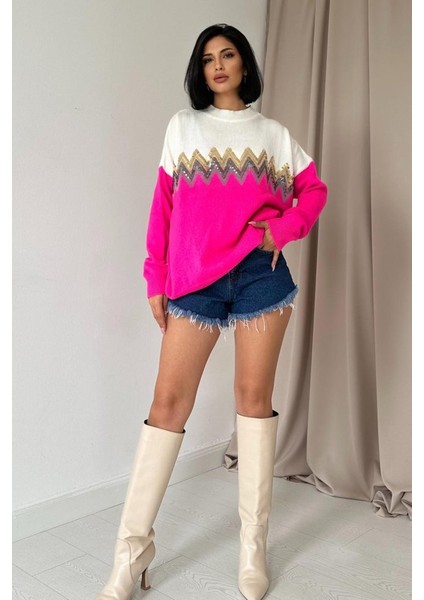 Fuşya Zikzak Desenli Triko Kazak fiyatları