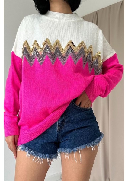 Fuşya Zikzak Desenli Triko Kazak modelleri