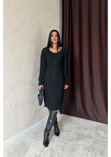 Siyah Kemerli Triko Elbise modelleri