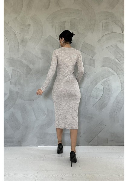 Munn Collection Bej Eteği Yırtmaçlı Triko Elbise