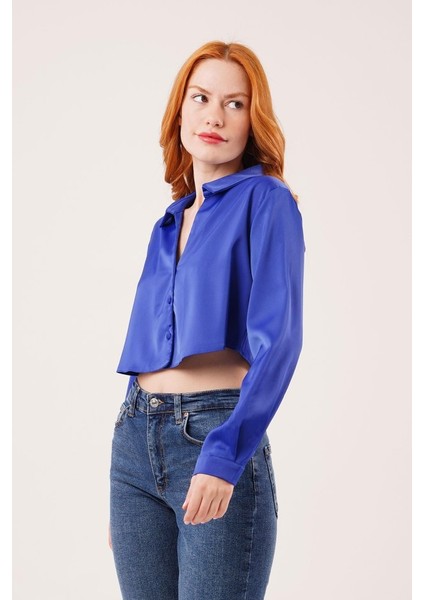 Saten Crop Model Lacivert Gömlek modelleri