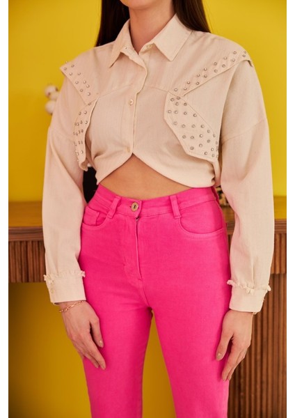 Bej Taş Işlemeli Tasarım Gömlek modelleri