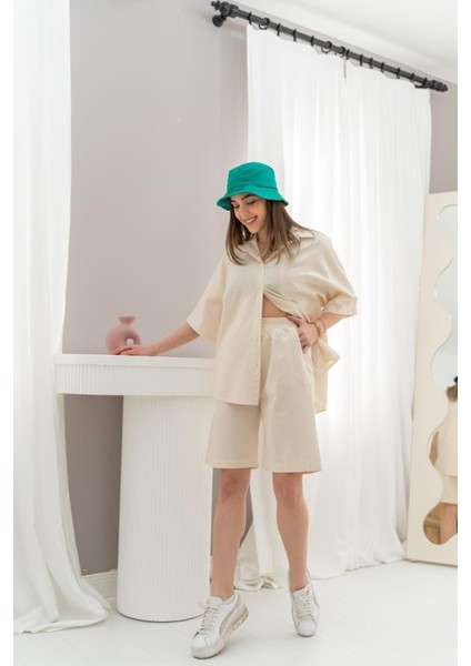 Bej Kısa Kollu Keten Gömlek ve Şort Takım