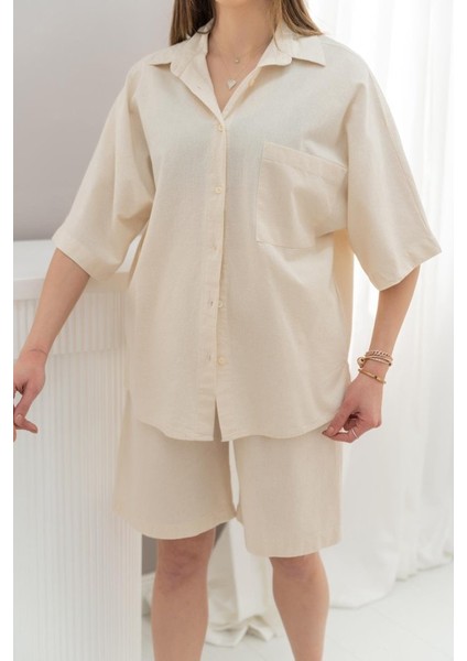 Bej Kısa Kollu Keten Gömlek ve Şort Takım modelleri