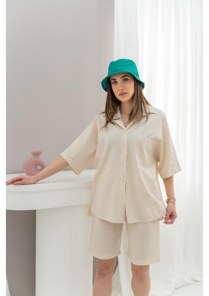 Bej Kısa Kollu Keten Gömlek ve Şort Takım indirimleri