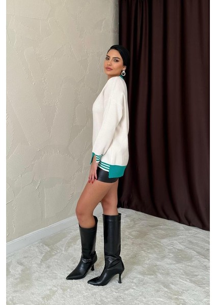 Yeşil Yaka ve Manşet Garnili Triko Kazak modelleri