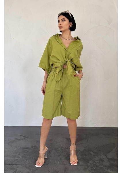 Munn Collection Yağ Yeşili Kısa Kollu Keten Gömlek ve Şort Takım