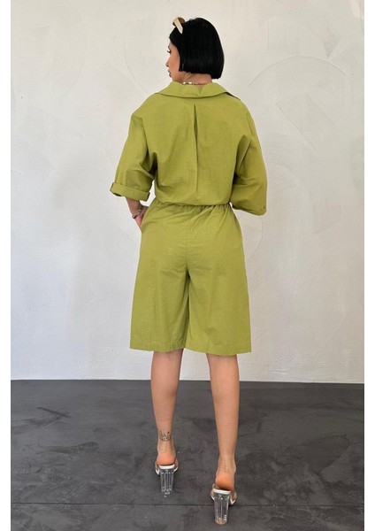 Munn Collection Yağ Yeşili Kısa Kollu Keten Gömlek ve Şort Takım modelleri