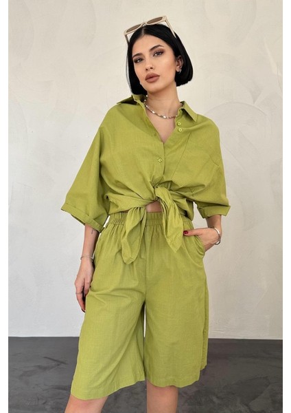 Munn Collection Yağ Yeşili Kısa Kollu Keten Gömlek ve Şort Takım indirimleri