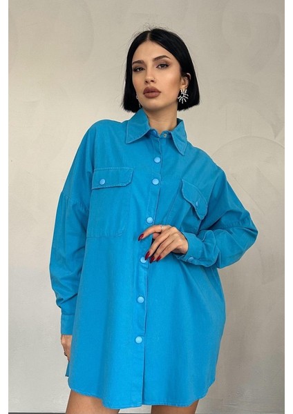 Mavi Çift Cep Kapaklı Çıtçıtlı Gömlek fırsatları