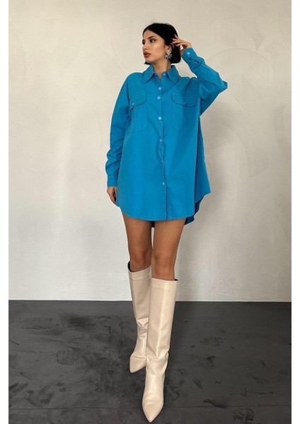 Mavi Çift Cep Kapaklı Çıtçıtlı Gömlek indirimleri