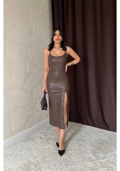 Koyu Kahve Sırt Dekolteli Deri Elbise fiyatları