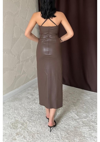 Koyu Kahve Sırt Dekolteli Deri Elbise fırsatları