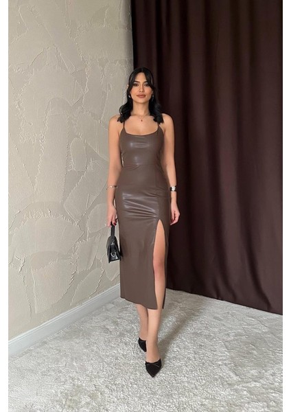 Koyu Kahve Sırt Dekolteli Deri Elbise indirimleri