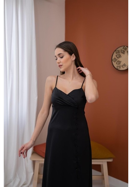 Siyah Askılı Saten Elbise modelleri
