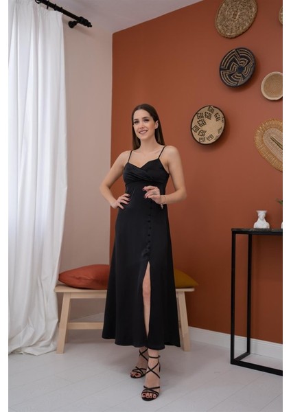 Siyah Askılı Saten Elbise indirimleri