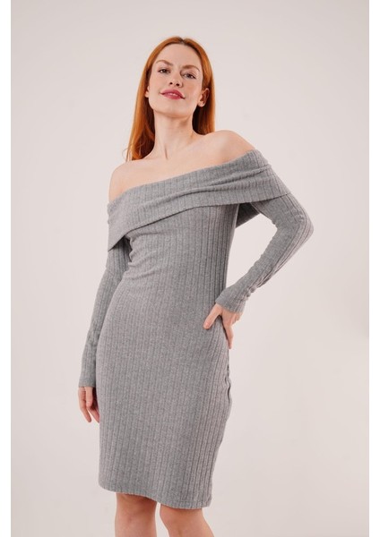 Madonna Yaka Fitilli Gri Triko Elbise modelleri