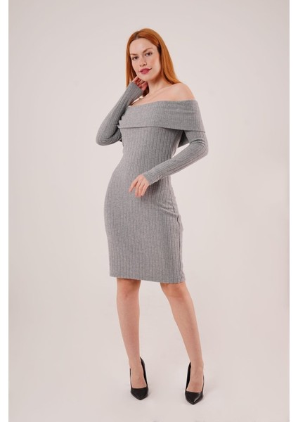 Madonna Yaka Fitilli Gri Triko Elbise indirimleri