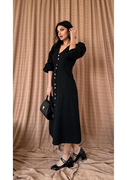 Siyah Flamlı Keten Boyamlı Düğmeli Elbise fiyatları