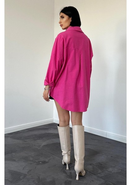 Fuşya Boyamalı Keten Baskılı Taşlı Gömlek fiyatları