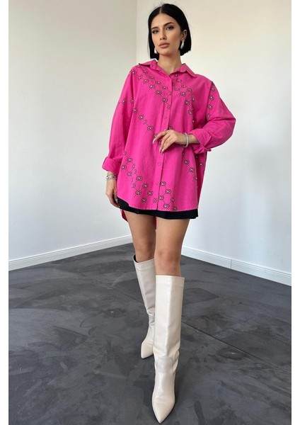 Fuşya Boyamalı Keten Baskılı Taşlı Gömlek modelleri