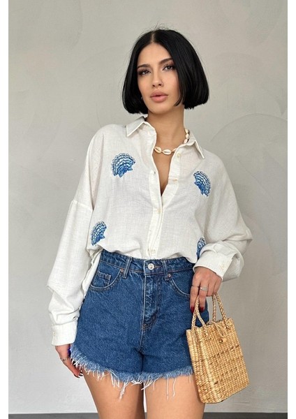 Beyaz Deniz Kabuk Desenli Gömlek