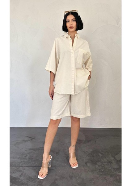 Ekru Kısa Kollu Keten Gömlek ve Şort Takım