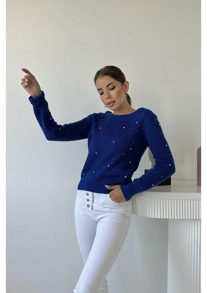 Mavi Boncuklu Triko Kazak