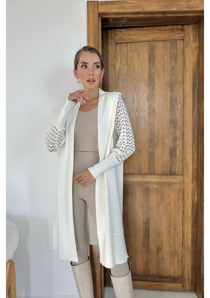 Munn Collection Ekru Kolları Örgülü Triko Hırka