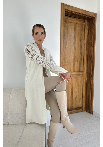 Munn Collection Ekru Kolları Örgülü Triko Hırka