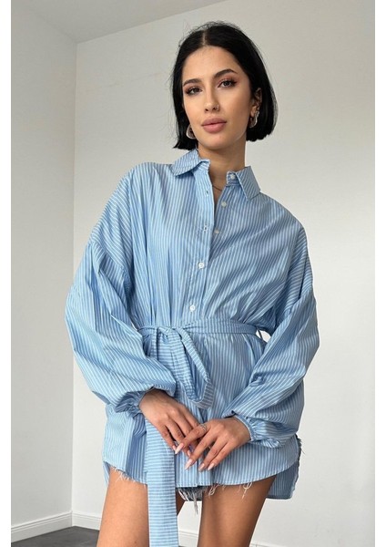 Mavi Çizgili Poplin Kuşaklı Gömlek fiyatları