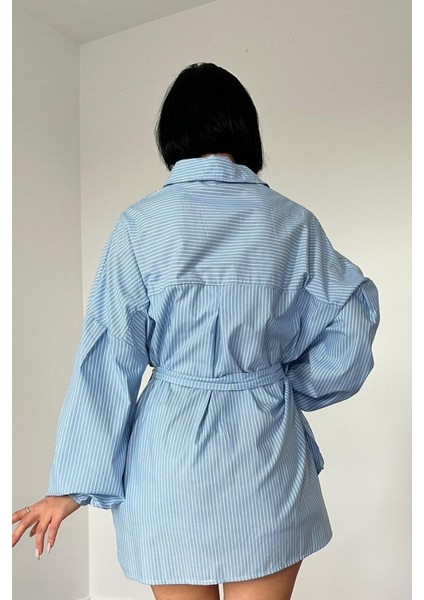 Mavi Çizgili Poplin Kuşaklı Gömlek modelleri