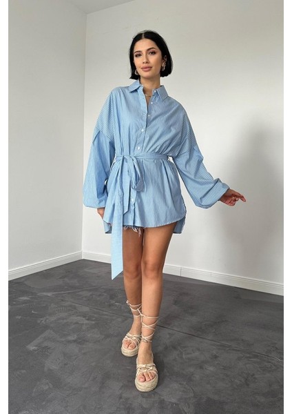 Mavi Çizgili Poplin Kuşaklı Gömlek fırsatları