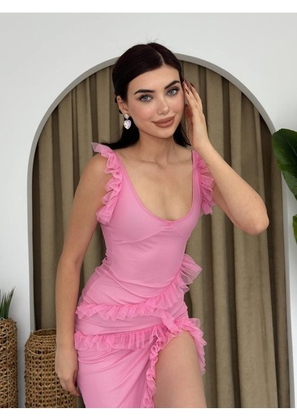 Felix Yırtmaçlı Midi Tül Elbise