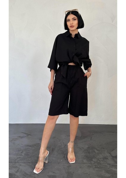 Munn Collection Siyah Kısa Kollu Keten Gömlek ve Şort Takım fırsatları