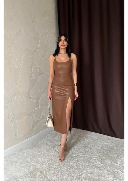 Kahverengi Sırt Dekolteli Deri Elbise indirimleri