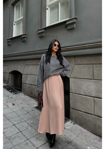 Saten Şanel Boy Etek - Bej