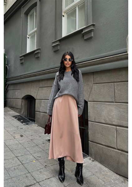 Saten Şanel Boy Etek - Bej modelleri