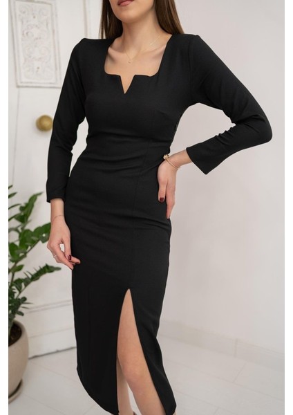 Siyah Yırtmaçlı Krep Elbise modelleri