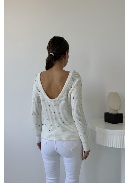 Ekru Boncuklu Triko Kazak modelleri