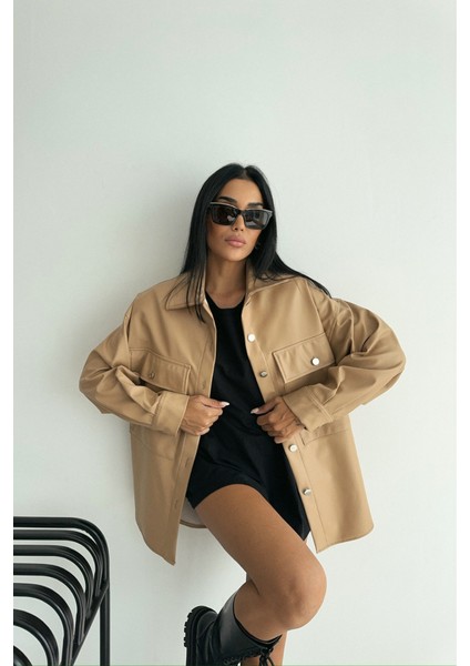 Düğmeli Deri Gömlek Boyfriend - Bej