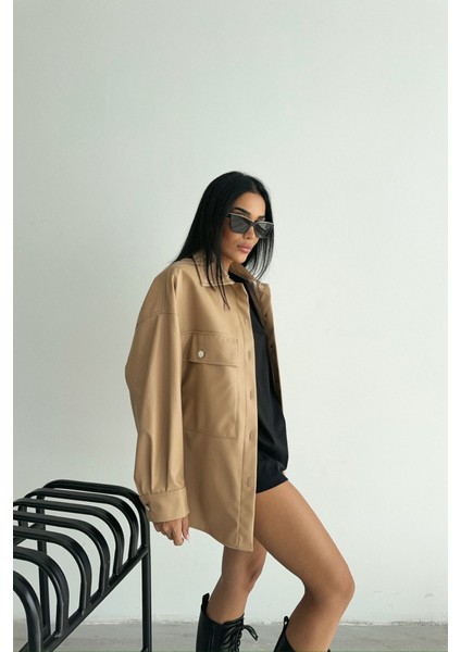 Düğmeli Deri Gömlek Boyfriend - Bej fiyatları