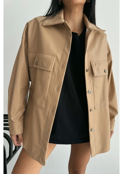 Düğmeli Deri Gömlek Boyfriend - Bej modelleri